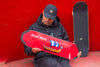 Pro Skater Sérgio André with his 4Msb Signature Skateboard Deck, boat collection Drakkar Sérgio André. Red deck with TIPtech for longer durability and better pop.