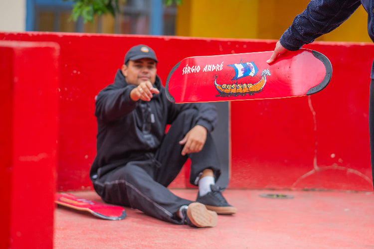 Pro Skater Sérgio André with his 4Msb Signature Skateboard Deck boat collection Drakkar Sérgio André. Red deck with TIPtech for longer durability and better pop.