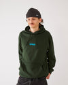 Skater wearing 4Msb fisherman beanie and 4Msb hoodie in the color forest green.