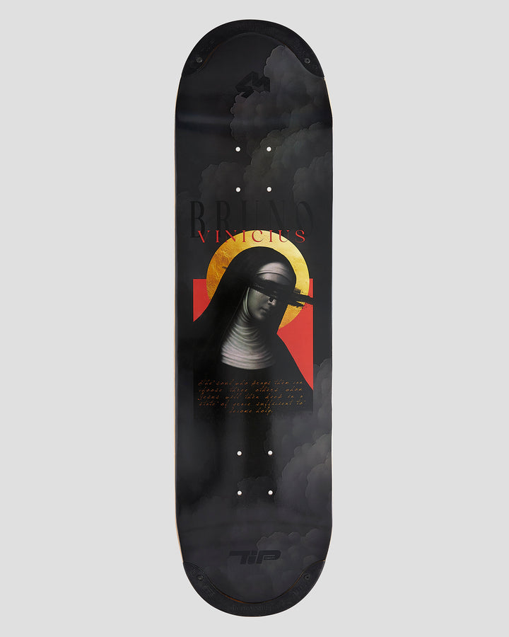 4Msb skateboard deck with artistic design of a saint with yellow halo on a gray background. Pro skater Bruno Vinicius name and TIPtech logo.