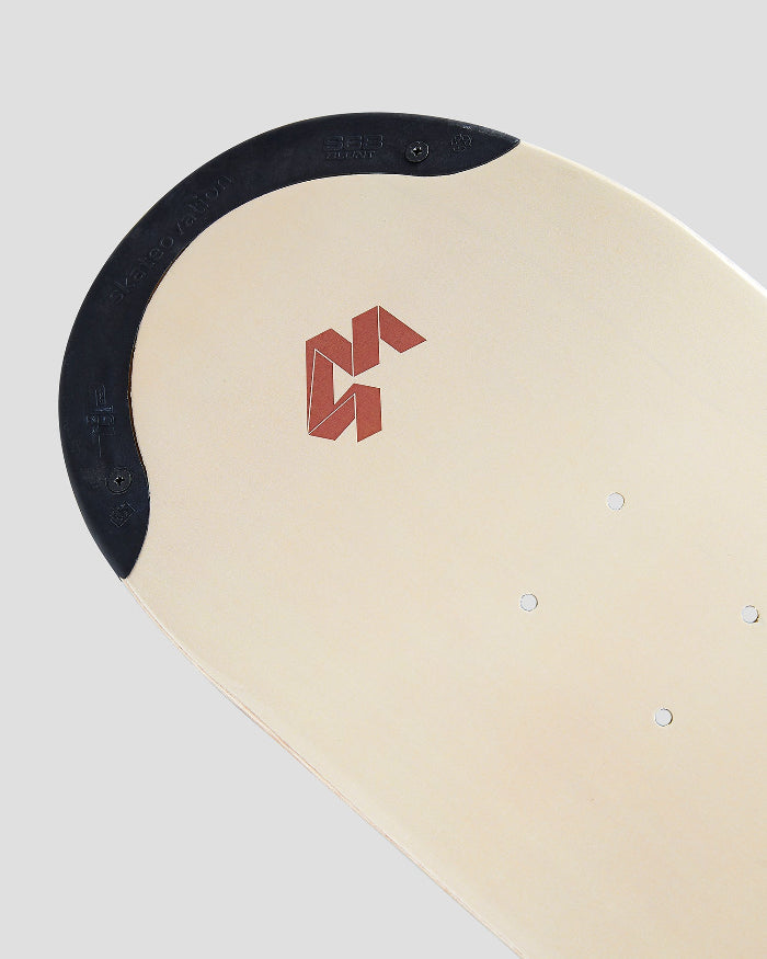 Close-up of the 4Msb Water Lily skateboard deck showing the 4Msb logo in red on a cream-colored surface and a black curved TIPtech edge.