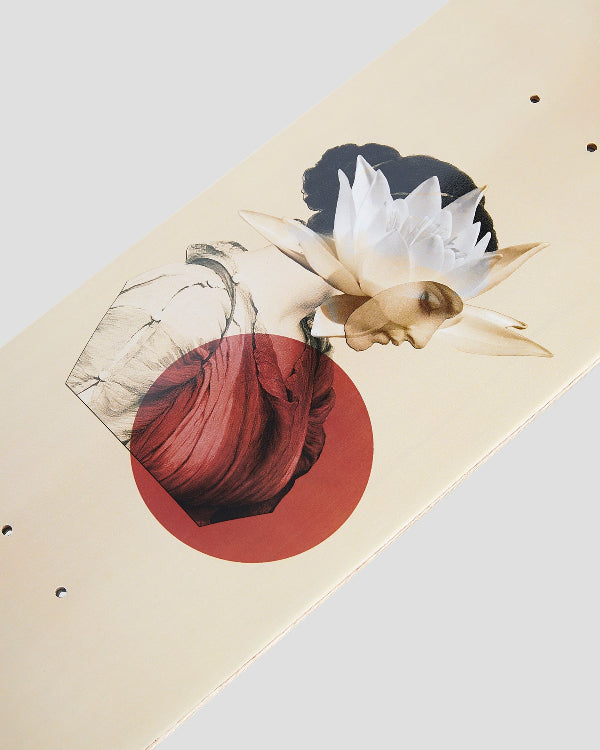 A close-up of the 4Msb skateboard deck Water Lily featuring an artistic graphic print with a white water lily flower (näckros), a woman's face in profile and a muted red circle on a cream-colored background.