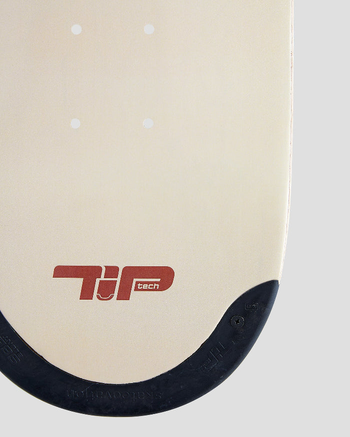 Close-up of the tail section of the 4Msb skateboard deck Water Lily, showing a cream-colored base with a black TIP on the edge and a red TIPtech logo.
