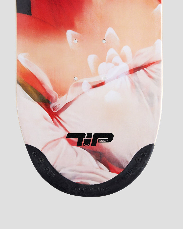 4Msb skateboard deck Bromelia (plant family Bromeliad), showing part of the red white graphic - a flower and a dress - and a TIPtech tip and logo.