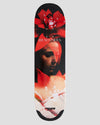 4Msb skateboard deck with artistic design of a woman's face and her white dress and red bromelia bromeliad flowers. 4Msb skateboard deck with TIPtech Bruno Vinicius pro model.