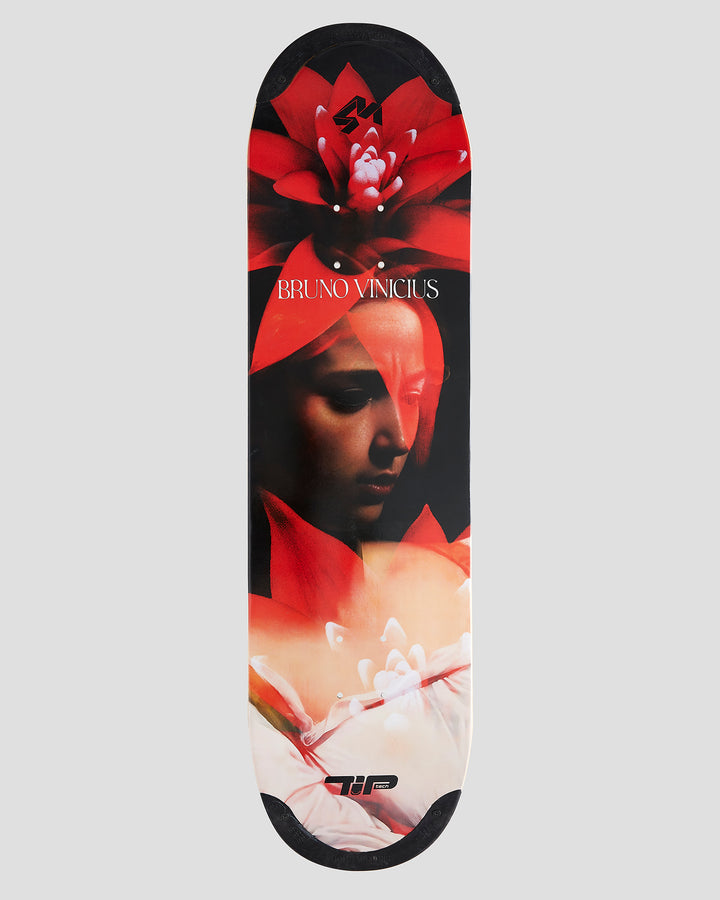 4Msb skateboard deck with artistic design of a woman's face and her white dress and red bromelia bromeliad flowers. 4Msb skateboard deck with TIPtech Bruno Vinicius pro model.