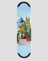 Pro skater Kilian Zehnder's 4Msb skateboard deck Cities with TIPtech. Full graphic: light blue background with towers, bridges, mountains, palms, buildings and landmarks. Four cities that mean a lot to the skateboarder Kilian Zehnder.