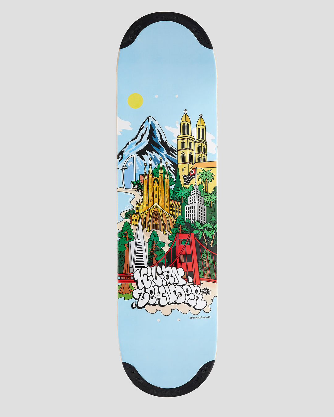 Pro skater Kilian Zehnder's 4Msb skateboard deck Cities with TIPtech. Full graphic: light blue background with towers, bridges, mountains, palms, buildings and landmarks. Four cities that mean a lot to the skateboarder Kilian Zehnder.
