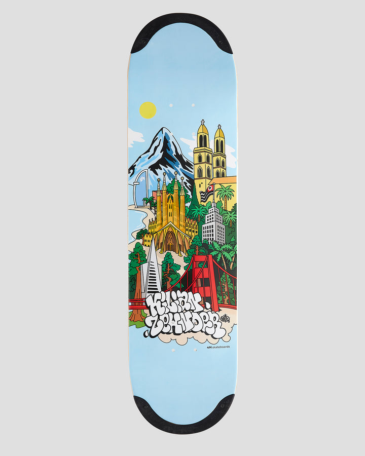 Pro skater Kilian Zehnder's 4Msb skateboard deck Cities with TIPtech. Full graphic: light blue background with towers, bridges, mountains, palms, buildings and landmarks. Four cities that mean a lot to the skateboarder Kilian Zehnder.