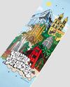4Msb skateboard deck Cities Kilian Zehnder pro model. Colorful illustration of a cityscape with landmarks, mountains and trees on a light blue background
