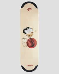 4Msb skateboard deck water lily with TIPtech. The deck shown vertically against a solid grey-white background. The deck is cream-colored with an artistic graphic of woman's profile, a red circle and a white water lily flower plus black TIPs on nose and tail. A 4Msb top logo in red and a TIPtech bottom logo in red.