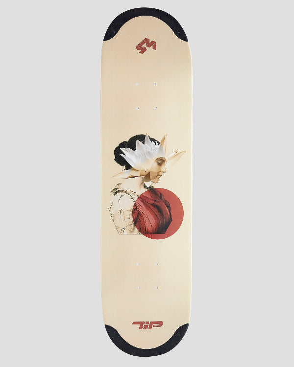 4Msb skateboard deck water lily with TIPtech. The deck shown vertically against a solid grey-white background. The deck is cream-colored with an artistic graphic of woman's profile, a red circle and a white water lily flower plus black TIPs on nose and tail. A 4Msb top logo in red and a TIPtech bottom logo in red.