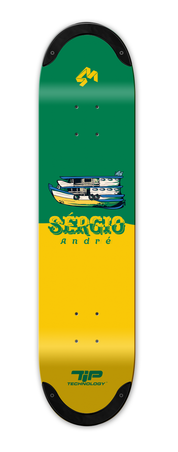 Signature deck for  4Msb Pro skater Sérgio André, skateboard deck 4Msb Fisher with TIPtech, yellow and green with boat.