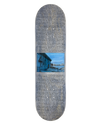 4Msb skateboard deck classic, kilian zehnder pro model. grey and blue graphic showing the rider kilian doing graffiti on a concrete wall by the sea in barcelona and personal text on the board including the words mission, mindset, movement, motivation, parabolic and aitsch