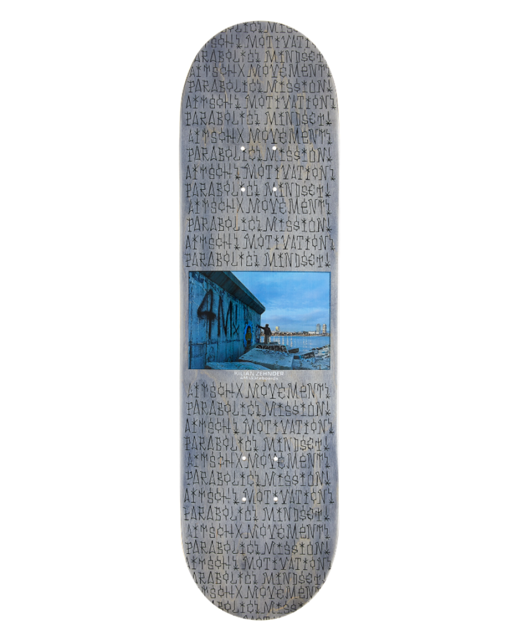 4Msb skateboard deck classic, kilian zehnder pro model. grey and blue graphic showing the rider kilian doing graffiti on a concrete wall by the sea in barcelona and personal text on the board including the words mission, mindset, movement, motivation, parabolic and aitsch