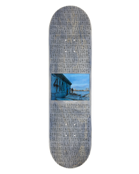 4Msb skateboard deck classic, kilian zehnder pro model. grey and blue graphic showing the rider kilian doing graffiti on a concrete wall by the sea in barcelona and personal text on the board including the words mission, mindset, movement, motivation, parabolic and aitsch