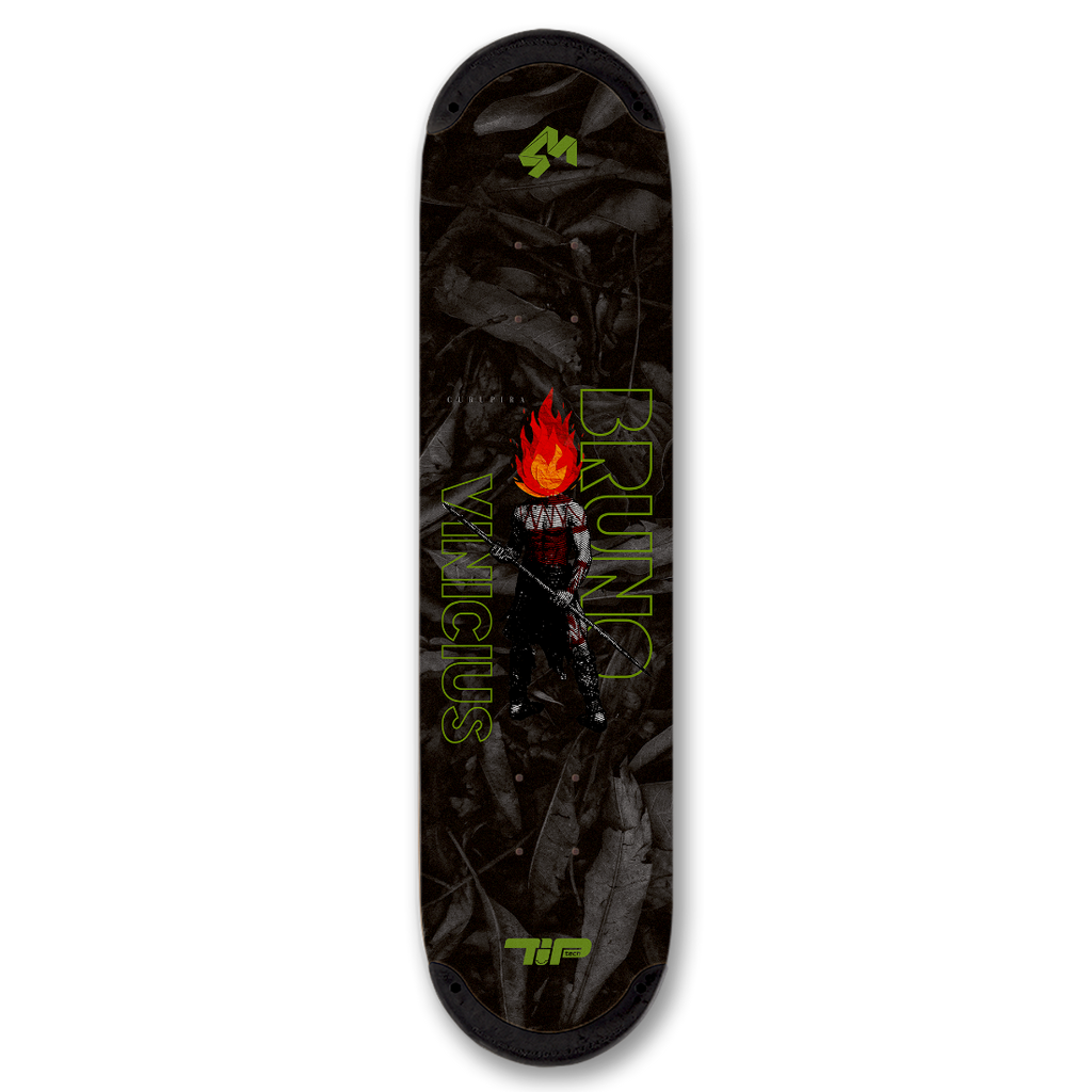 4Msb skateboard deck Curupira, a man with hair on fire, on a dark background with the pro skateboarder name Bruno Vinicius in green.
