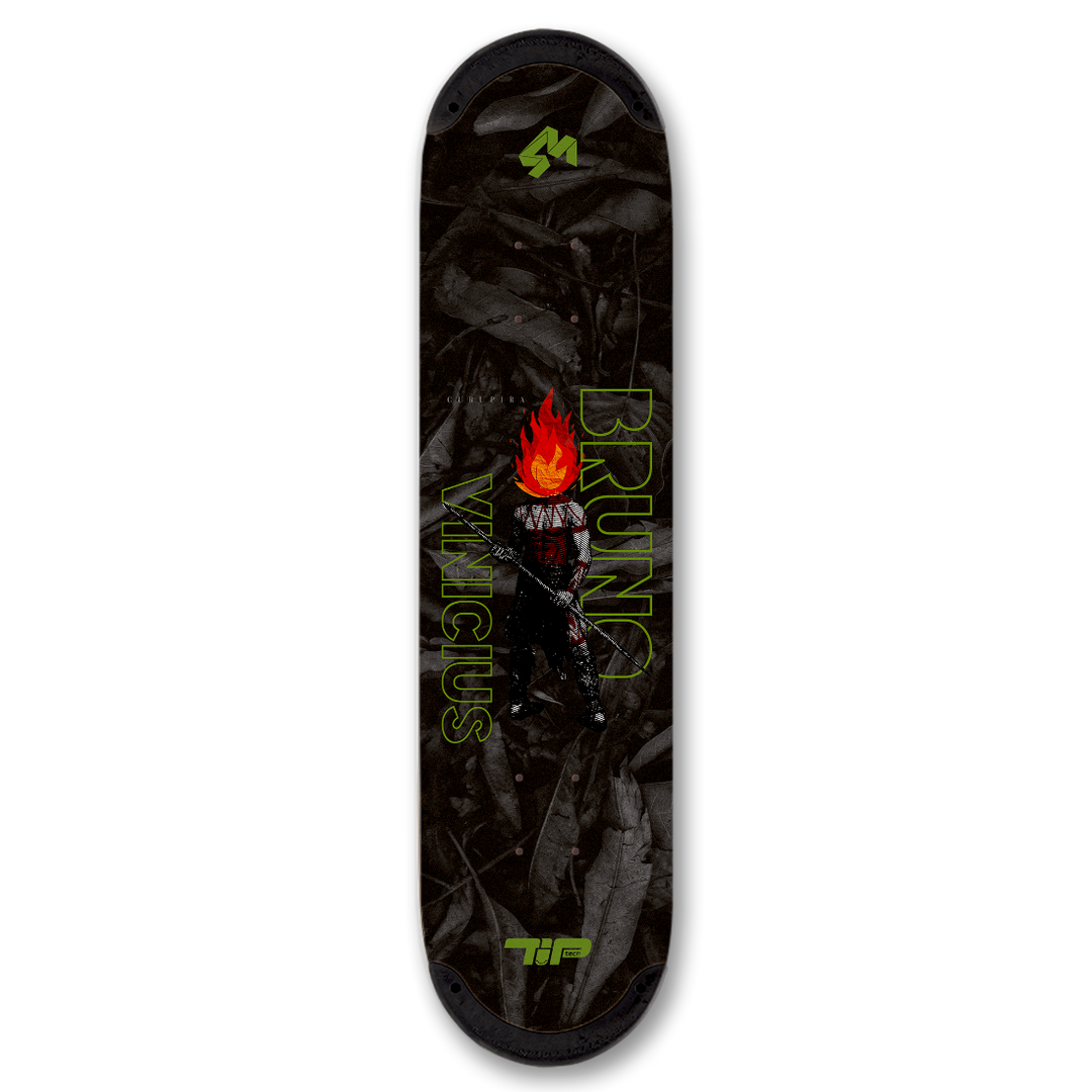 4Msb skateboard deck Curupira, a man with hair on fire, on a dark background with the pro skateboarder name Bruno Vinicius in green.