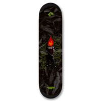 4Msb skateboard deck Curupira, a man with hair on fire, on a dark background with the pro skateboarder name Bruno Vinicius in green.