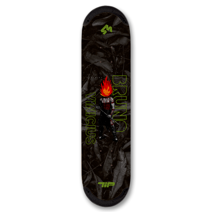 4Msb skateboard deck Curupira, a man with hair on fire, on a dark background with the pro skateboarder name Bruno Vinicius in green.