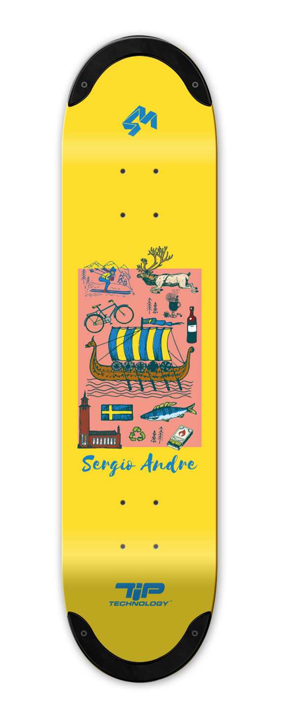 A yellow 4Msb TIPtech Sverige skateboard deck of pro rider Sérgio André and an illustration of various items related to Swedish history.