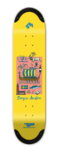 A yellow 4Msb TIPtech Sverige skateboard deck of pro rider Sérgio André and an illustration of various items related to Swedish history.