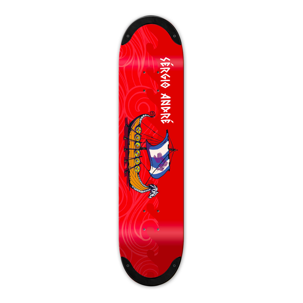 Pro skateboard rider Sergio Andre skateboard deck with a red design with a boat and 'Sergio Andrés' branding