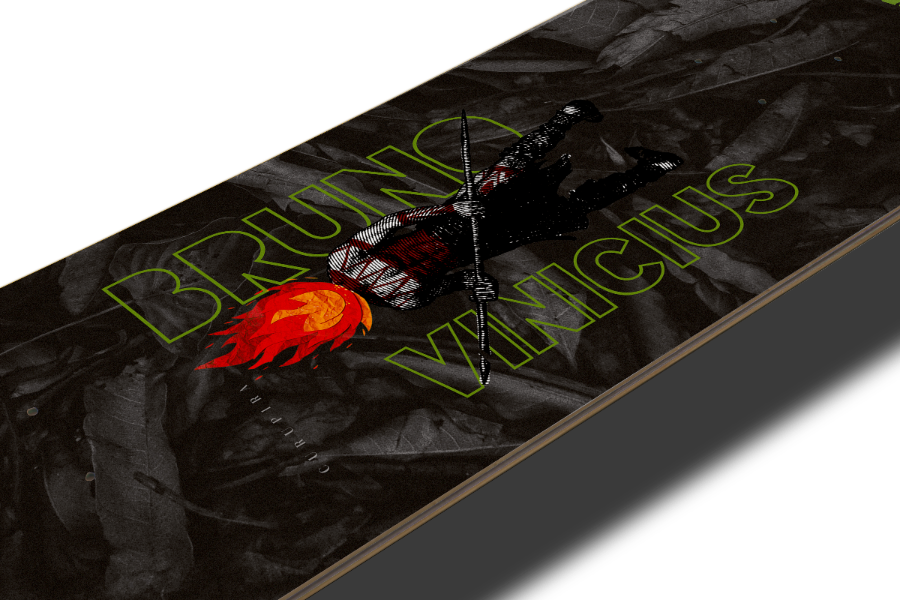 4Msb skateboard deck Curupira, a man with hair on fire, on a dark background with the pro skateboarder name Bruno Vinicius in green.