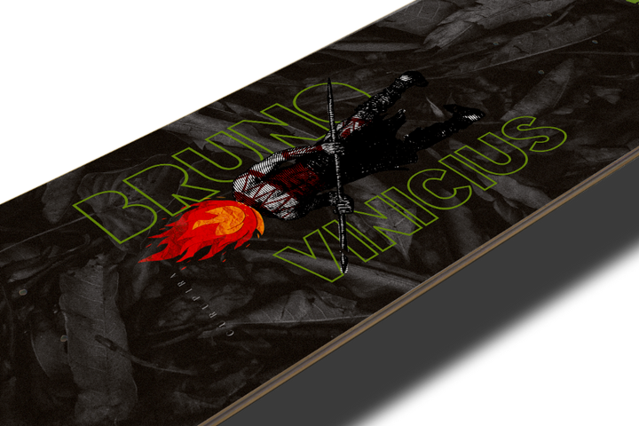 4Msb skateboard deck Curupira, a man with hair on fire, on a dark background with the pro skateboarder name Bruno Vinicius in green.