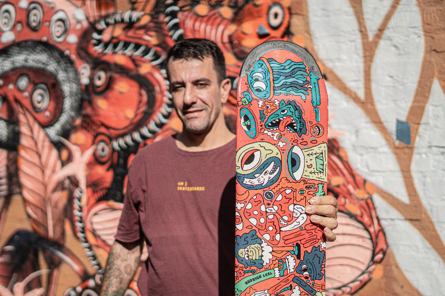 4Msb pro rider Rodrigo Leal showing his signature skateboard deck Doodle Rodrigo Leal multicolour with TIPtech for better pop and durability.