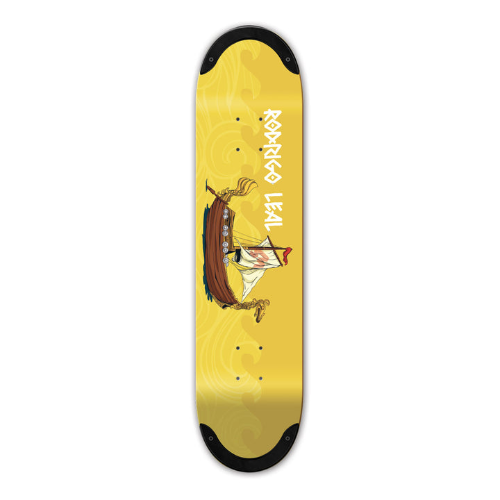 Yellow TIPtech Skateboard deck with a ship design pro rider rodrigo leal