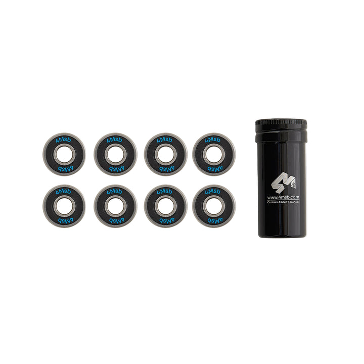 4Msb skateboard bearings, showing a complete set containing 8 bearings ABEC7 in a black tin laser engraved tube.