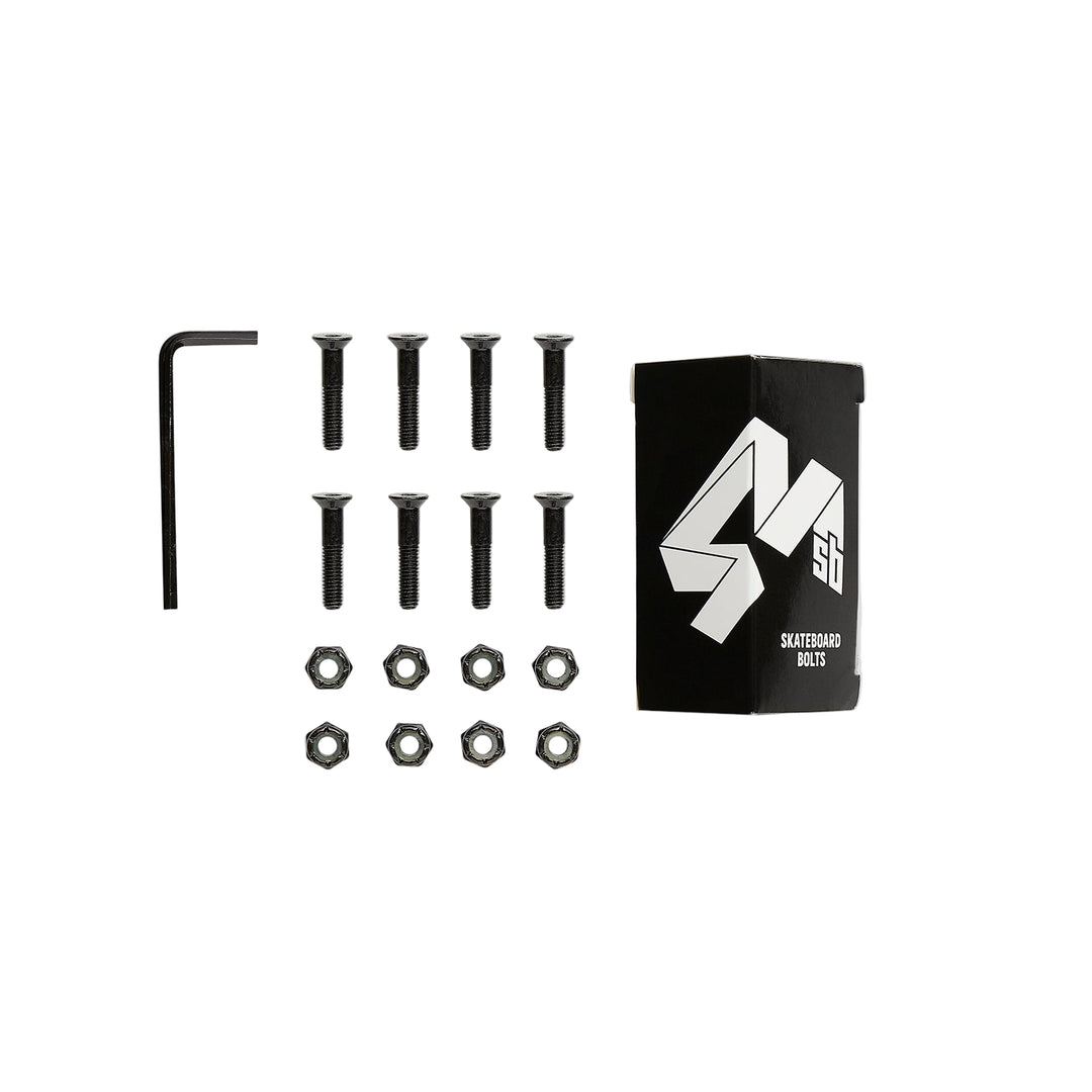 4Msb Hardware set Quatro for skateboards, contains 8 screws and 8 bolts, one allen key.