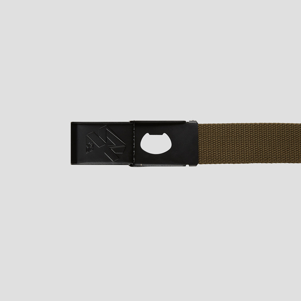 4Msb webbing belt in the color olive. Showing the buckle is also a bottle opener.