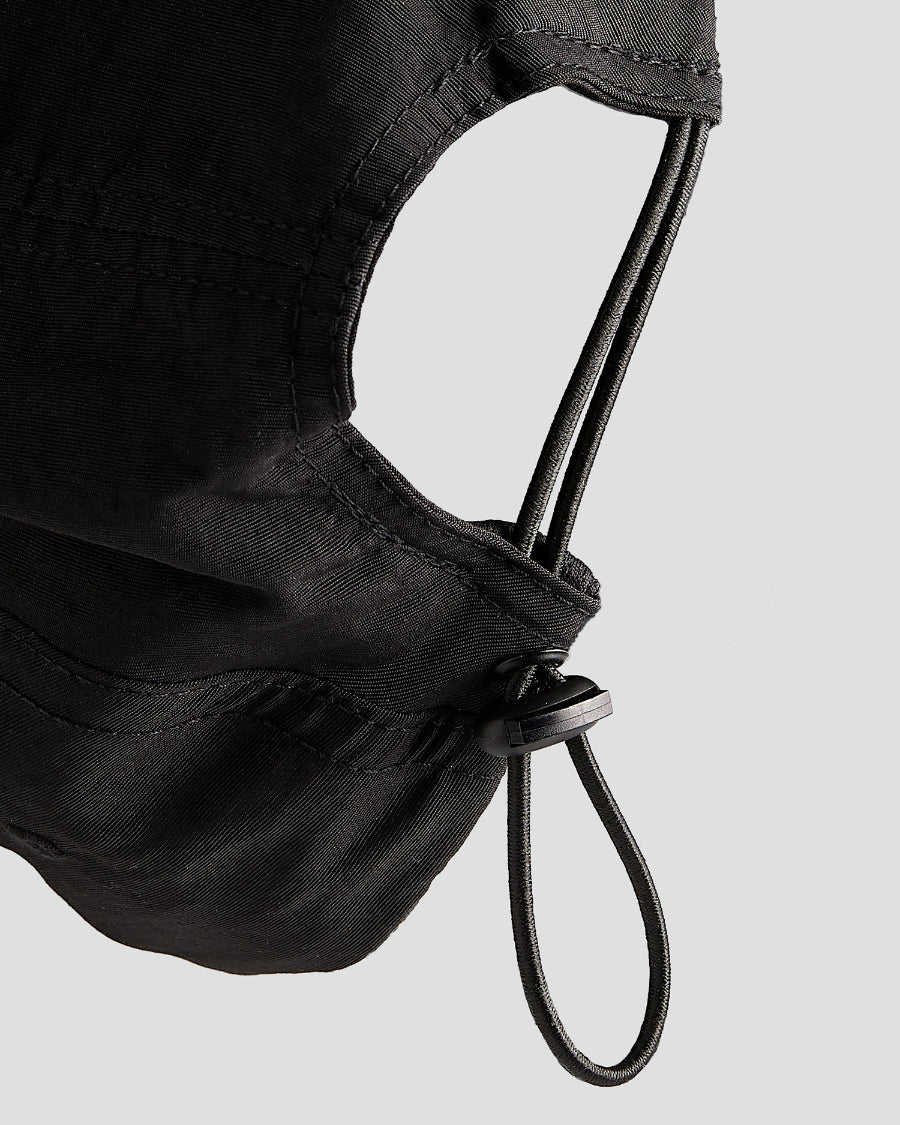 Black 4Msb skateboard cap Kilian Zehnder graffiti seen from the back, closeup of elastic cord adjustment with cord lock.