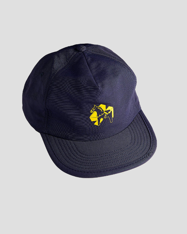 Navy blue dad cap with a yellow 4Msb logo with a yellow dala horse on the front