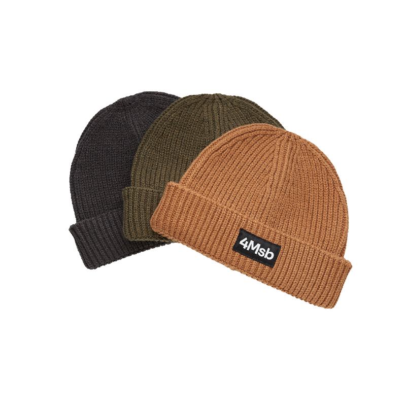 4Msb fisherman beanies Edge in three colors: graphite grey (back), olive and biscuit (front)