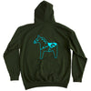  4Msb hoodie in the color forest green with a dala horse in blue on the back.