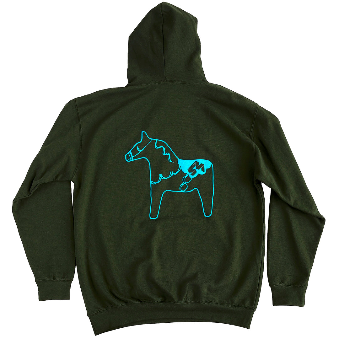  4Msb hoodie in the color forest green with a dala horse in blue on the back.