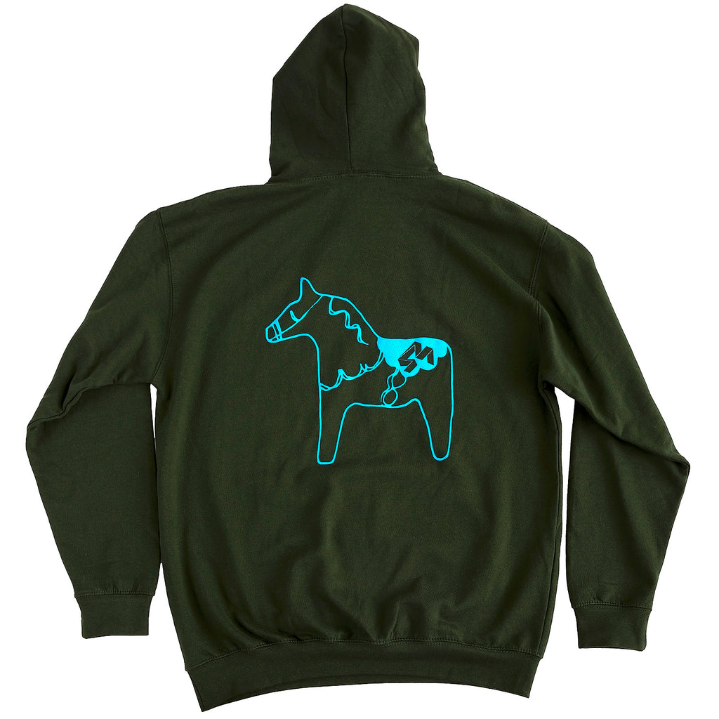  4Msb hoodie in the color forest green with a dala horse in blue on the back.