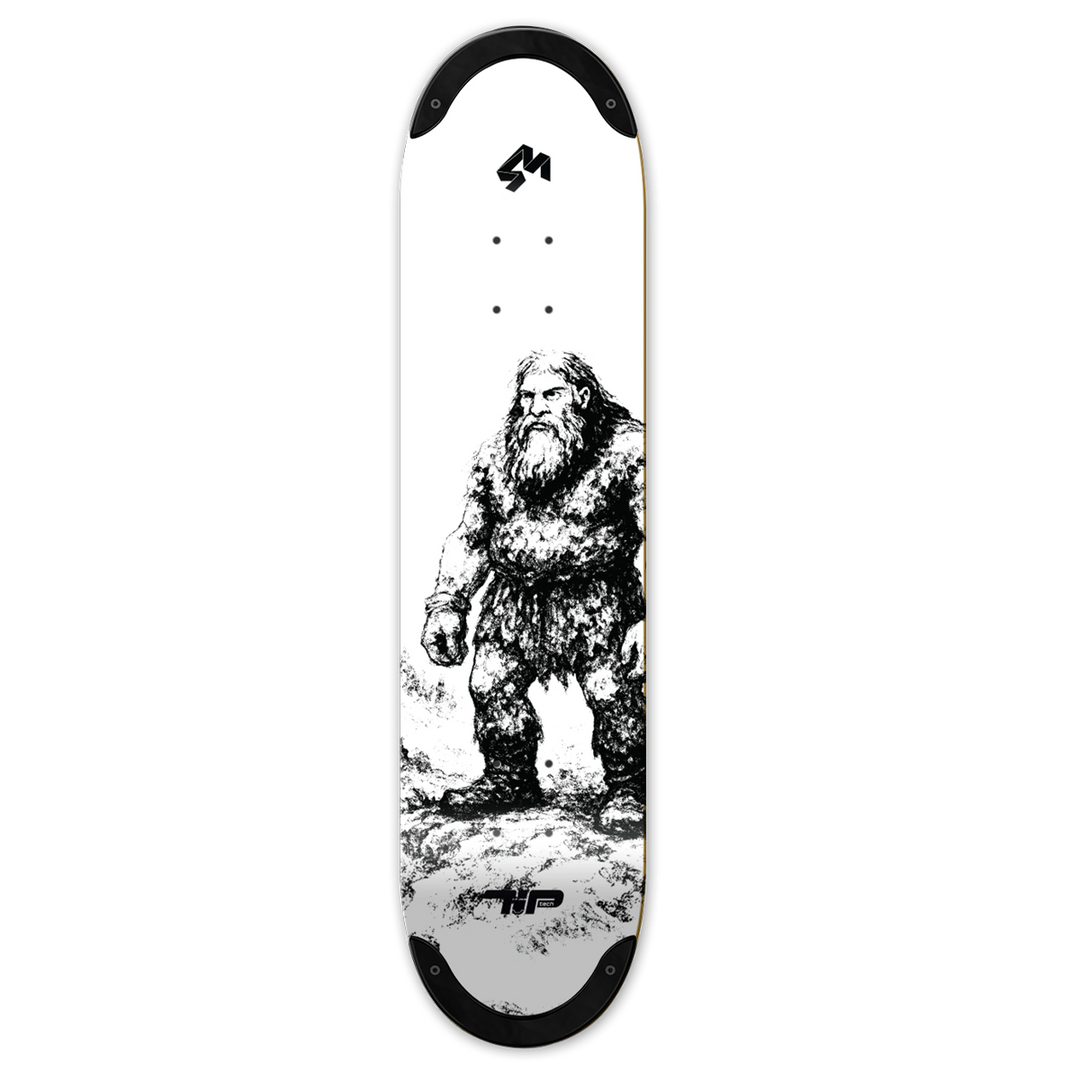 4Msb skateboard deck Jättar (Jattar) with TIPtech shown vertical. The graphic is black and white. A black giant (jätte/jättar in the swedish language) standing on stone ground against a white background.