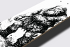 Close-up on the giant, the jätte, on the 4Msb skateboard deck jättar. A black drawing on a white background. Jättar is the Swedish word for giants.