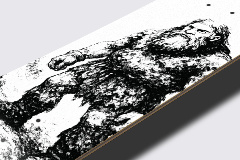 Close-up on the giant, the jätte, on the 4Msb skateboard deck jättar. A black drawing on a white background. Jättar is the Swedish word for giants.