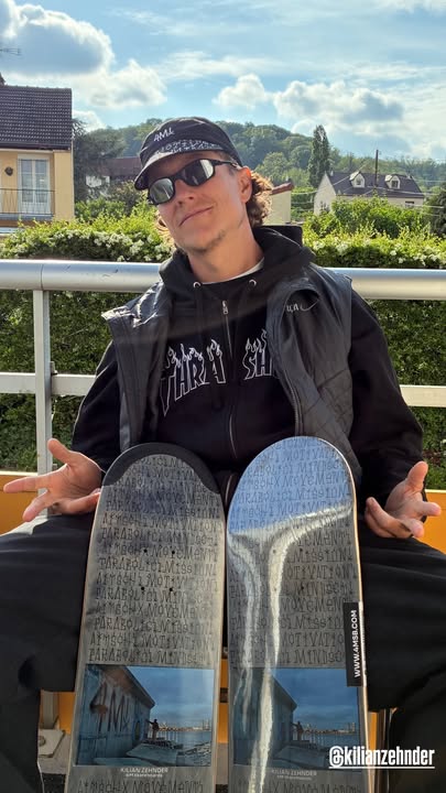4Msb team rider Kilian Zehnder with his pro model skateboard deck graffiti in two variants - one with TIPtech and one classic. Wearing the black 4Msb cap i the same series, graffiti Kilian Zehnder.
