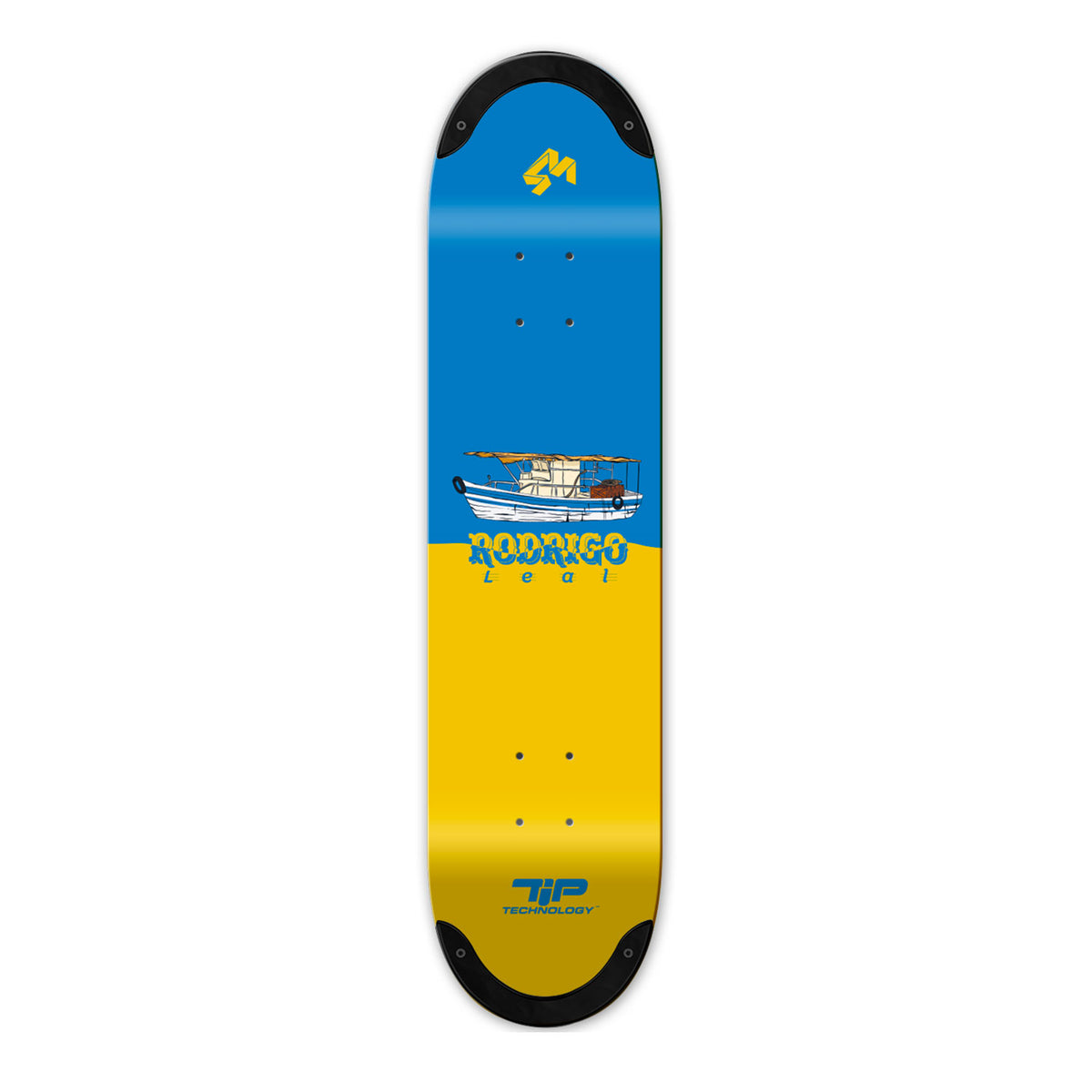 Pro rider Rodrigo Leal skateboard deck with blue and yellow design with a fishing boat.