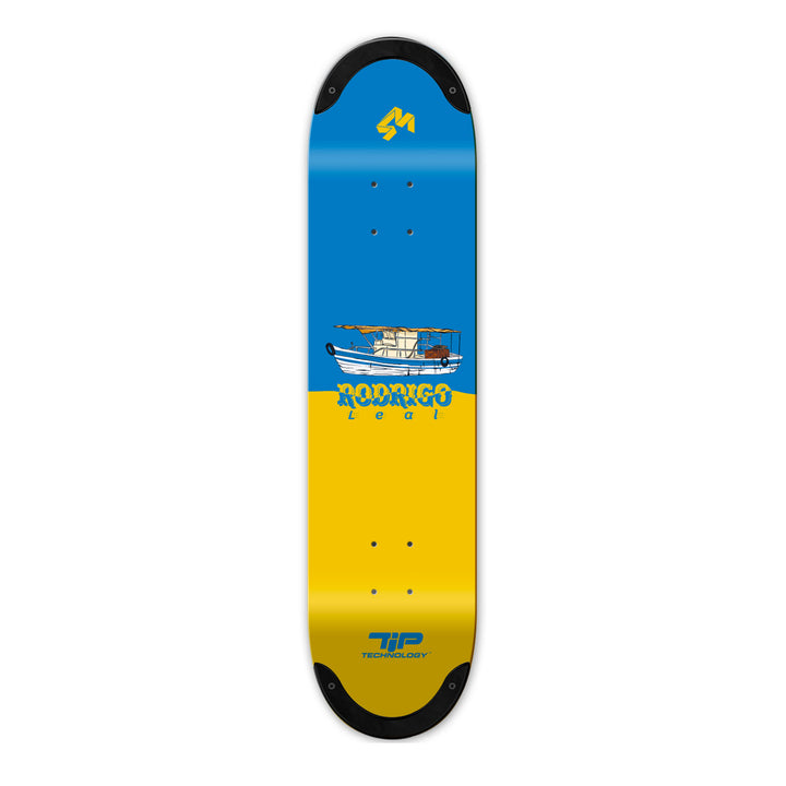 Pro rider Rodrigo Leal skateboard deck with blue and yellow design with a fishing boat.