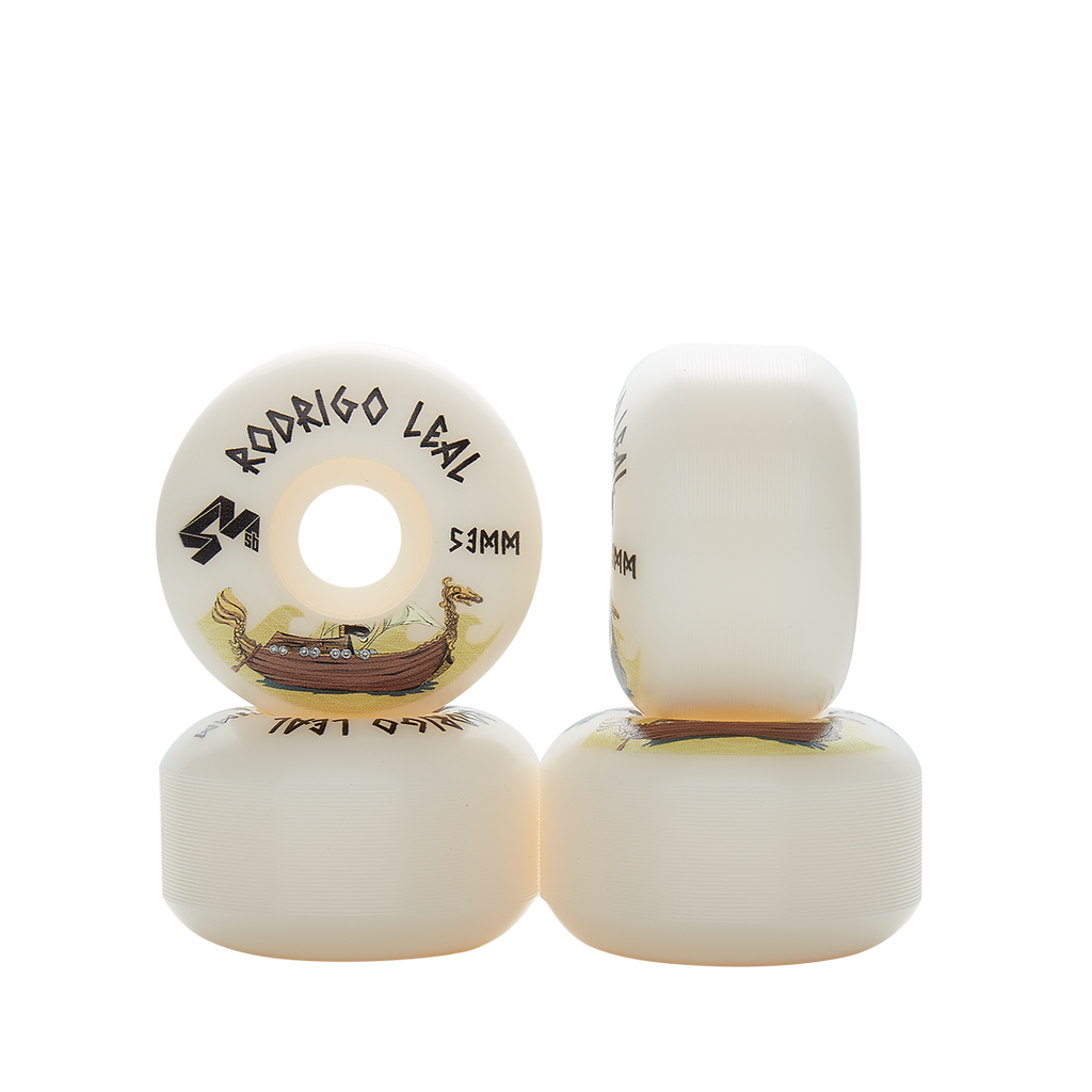 4Msb four skateboard wheels Drakkar Rodrigo Leal 53mm white with drakkar boat in brown and gold.