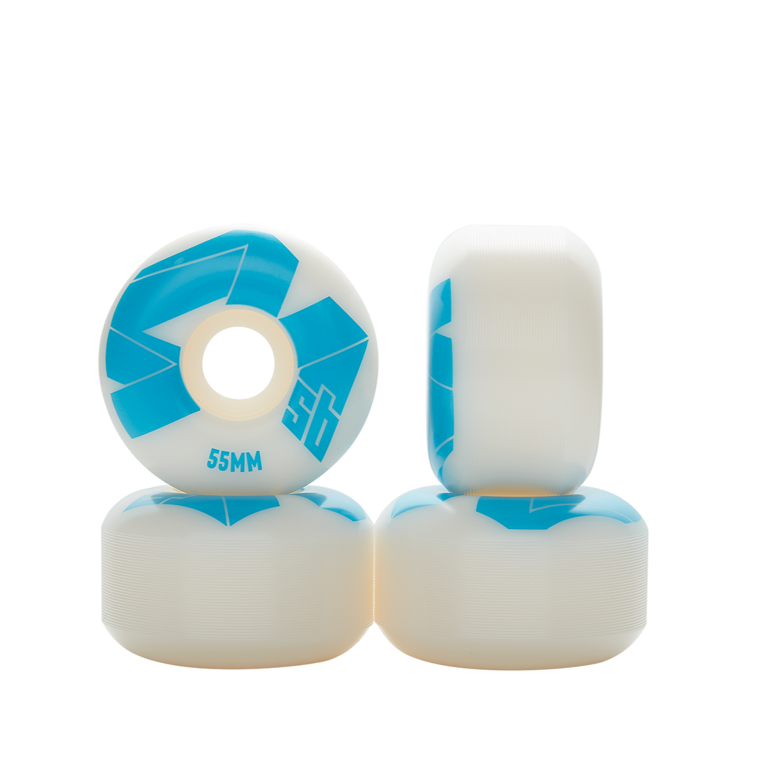 4Msb Skateboard wheels Quatro 55m, 100A  in blue and white. Comes in 4 pack.