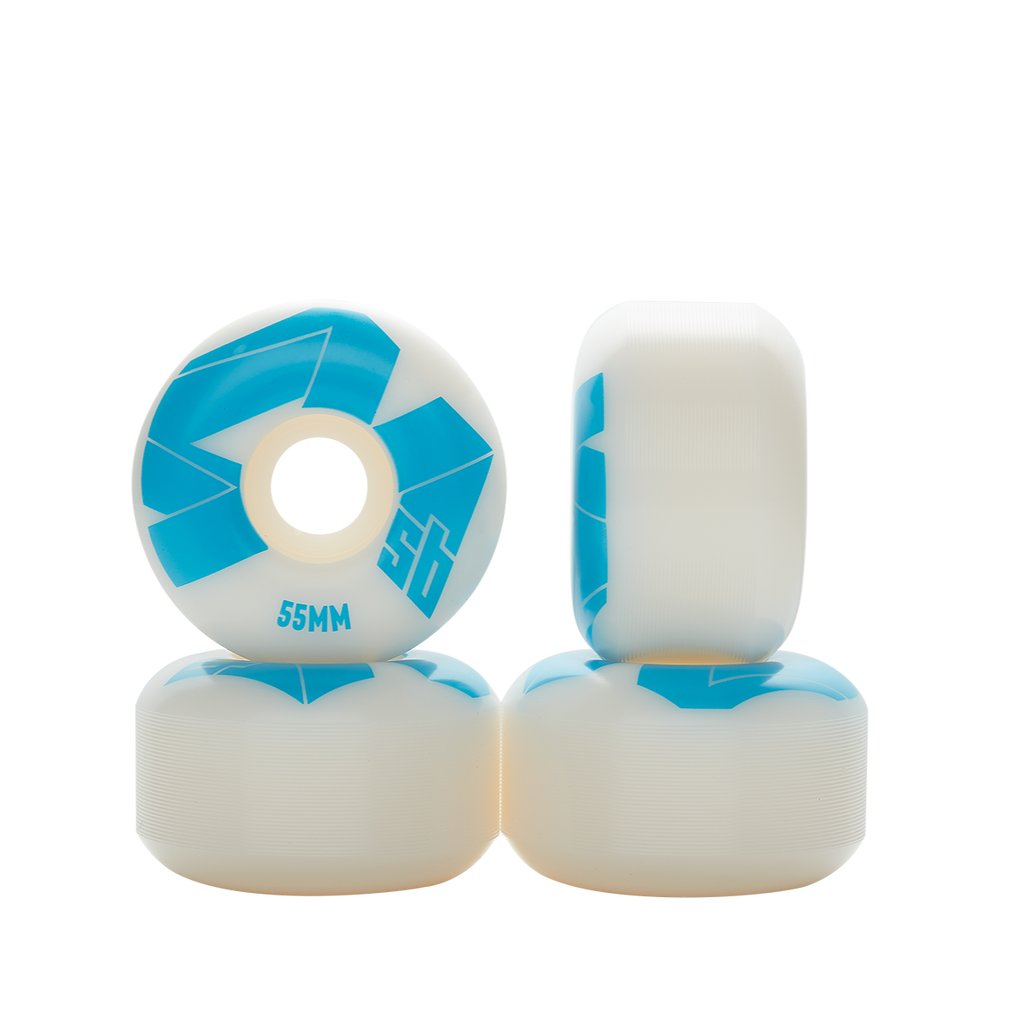 4Msb Skateboard wheels Quatro 55m, 100A  in blue and white. Comes in 4 pack.