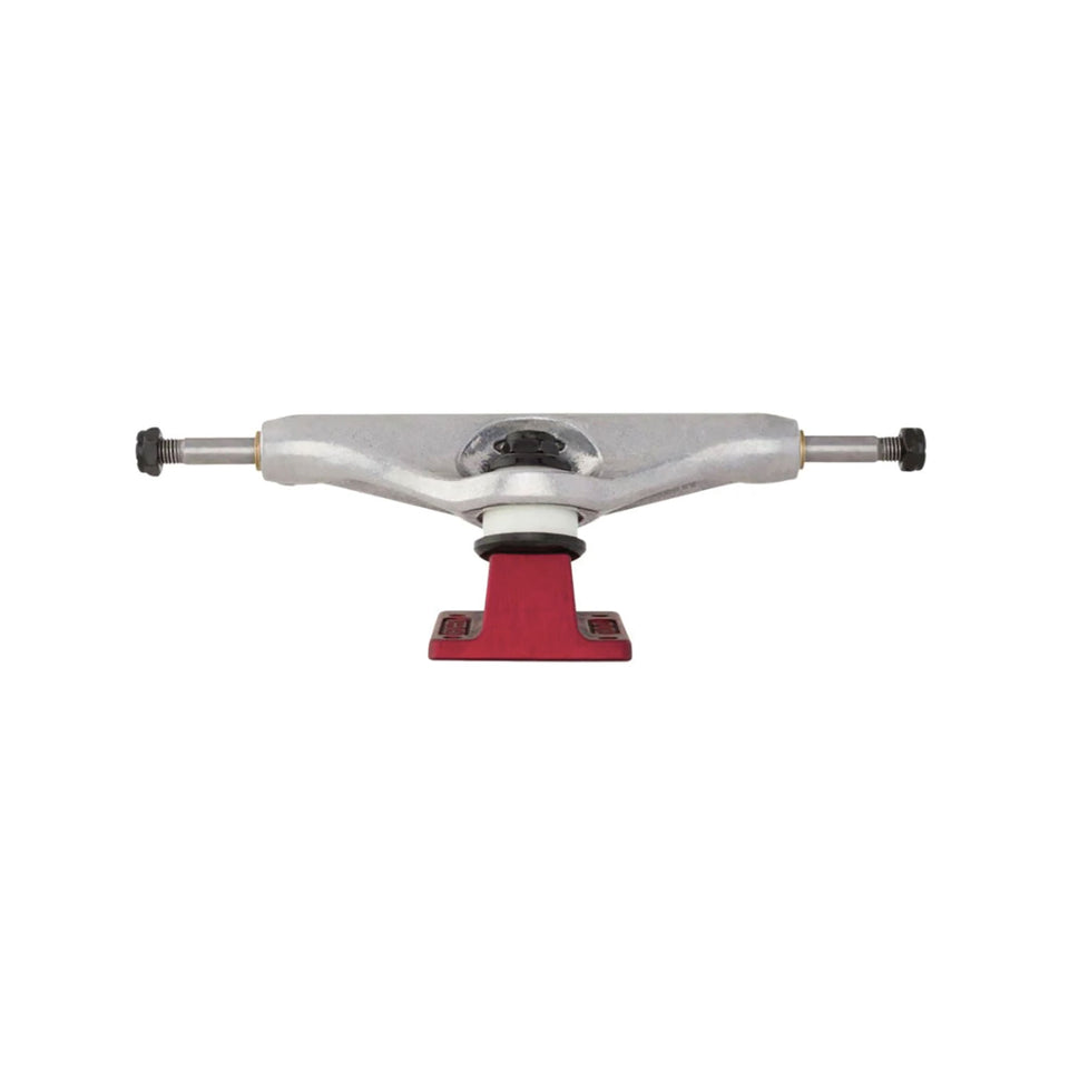 Independent skateboard truck with silver metal and red baseplate.